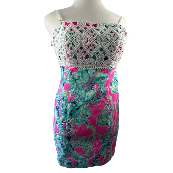 Lilly Pulitzer Brynn Strapless Dress Lobsters In Love Razz Crochet Shift Size 8 - Picture 5 of 16